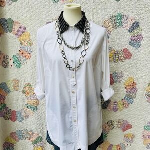 Upcycled Reworked J. Jill White Tunic w/ Black Polkadot Pointed Collar Shirt L